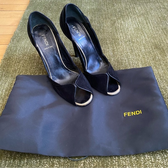 Fendi Black Suede Leather Open-Toe Pumps, Size 37 EU 6.5 US - Picture 1 of 10